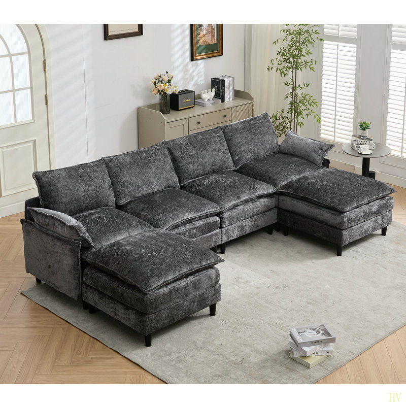Modular Sofa,U Shaped Cloud Couch Comfy Set , 2 Armrest Pillows,Convertible Sectional  Couch, Living Room,Apartment, Chenille(2 Movable Ottoman)
