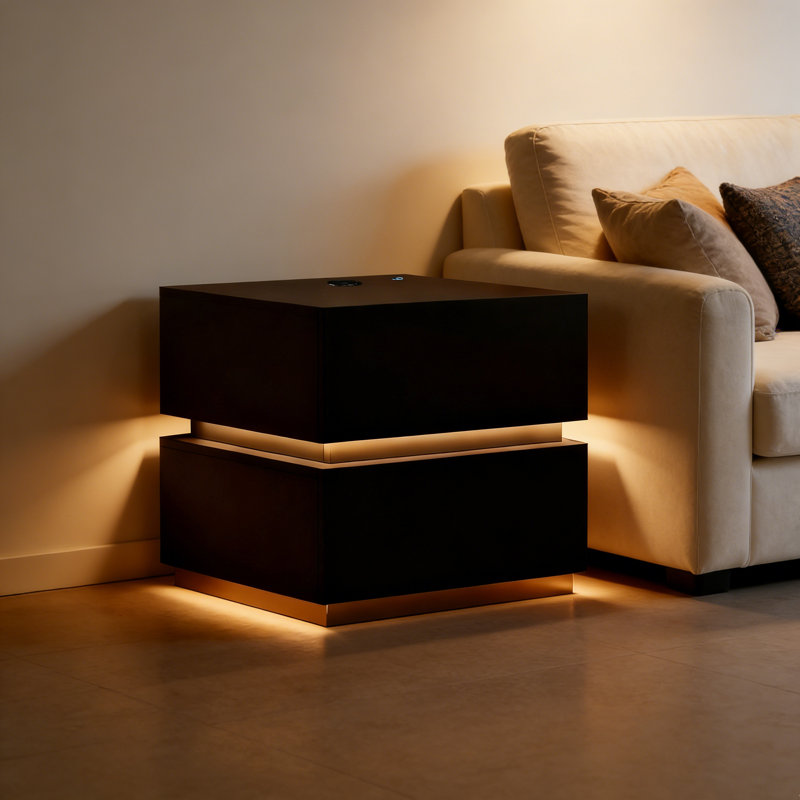 Table de chevet intelligente à 2 tiroirs avec lumière DEL, Noir