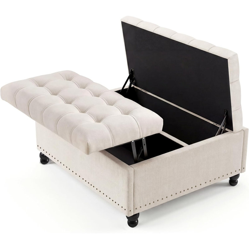 Repose-pieds carré avec rangement 36 po, table basse avec pieds en bois et repose-pieds multi-usage, Beige