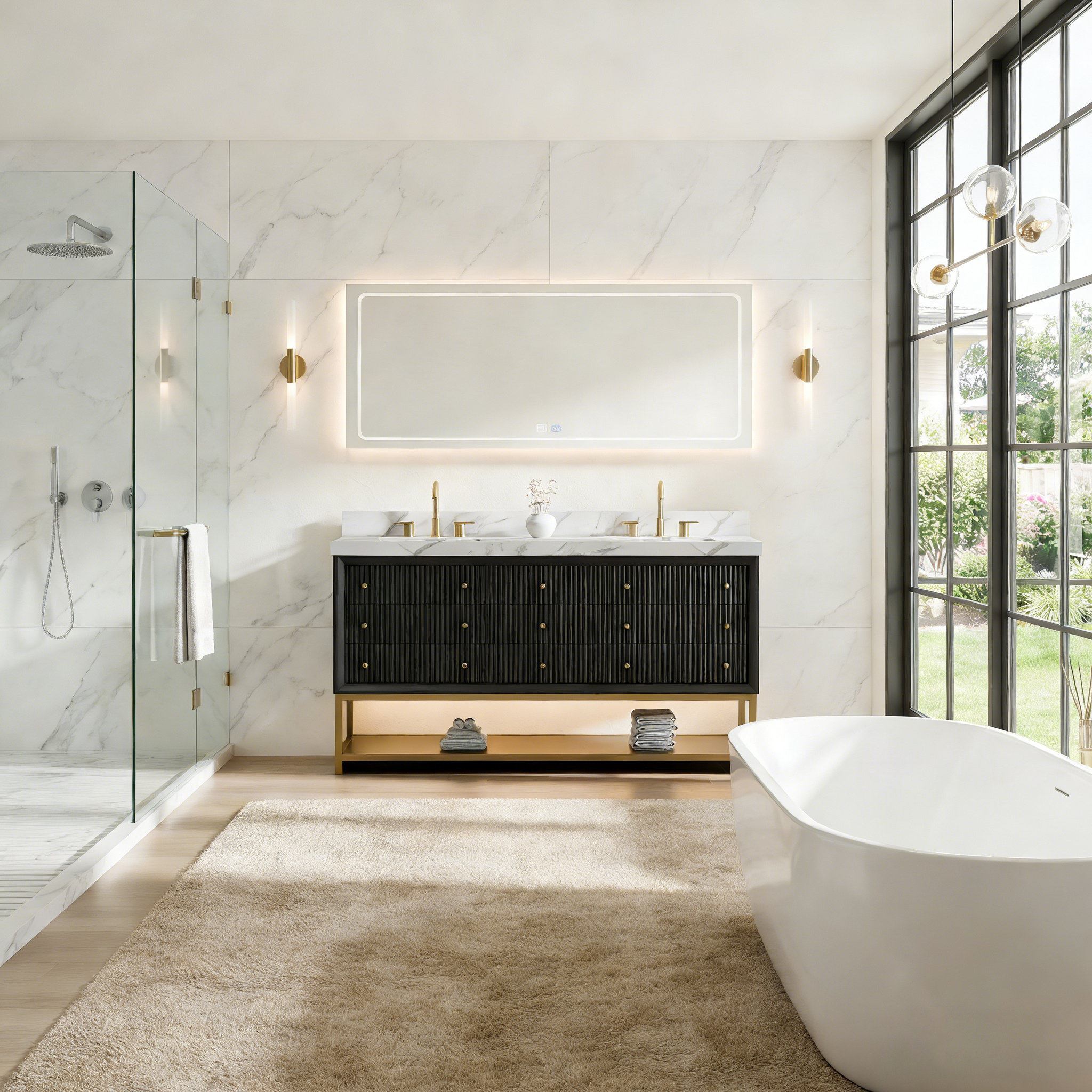 Homein 60'' Freestanding Double Sink Bathroom Vanity With LED Base ...