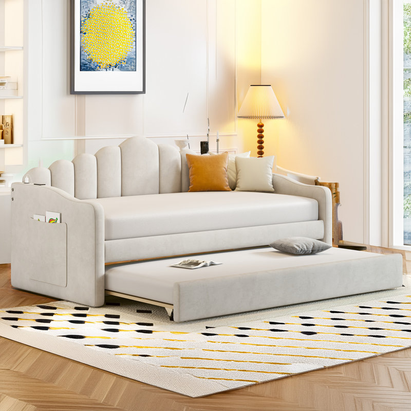 Upholstered Daybed with Trundle ,Velvet Sofabed with USB Charging Ports, Beige Velvet