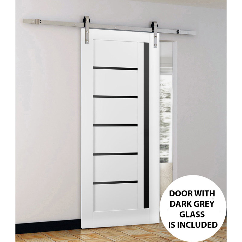 Porte de grange robuste Quadro 4588 Blanc Soie avec vitrage noir, rail de 2 m (6,6 pi), quincaillerie renforcée, porte intérieure à panneau plein - 45,7 cm x 243,8 cm (18 po x 96 po) - vitrage noir - rail argenté