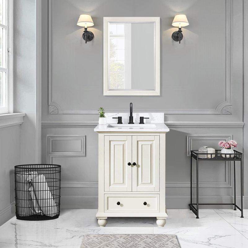 Thompson 25" Single Modern Bathroom Vanity Set, French White, Cala White