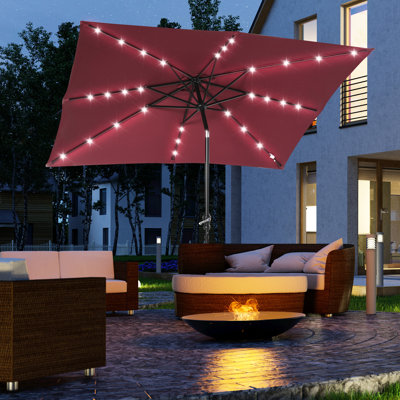 Le parasol de patio rouge avec DEL solaire, inclinable et manivelle, rehausse l'ambiance de la piscine, la fonction d'éclairage à DEL 9 pi x 7 pi, embellit la piscine de jardin,