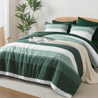 Andency Queen Comforter Set Emerald Green - 7 Pieces Striped Lightweight Bed in a Bag, Soft Microfiber Reversible Bedding Set with Comforter, Fitted & Flat Sheet, Pillowcases & Shams