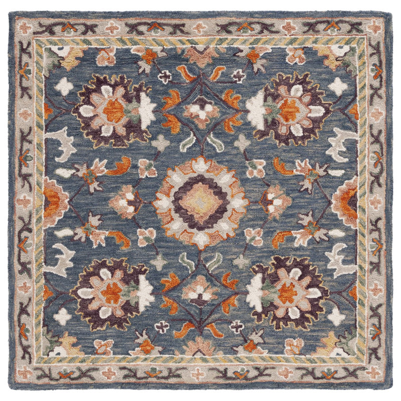 Hand Tufted Wool/Cotton Oriental Rug in White/Brown/Blue, Square 5'