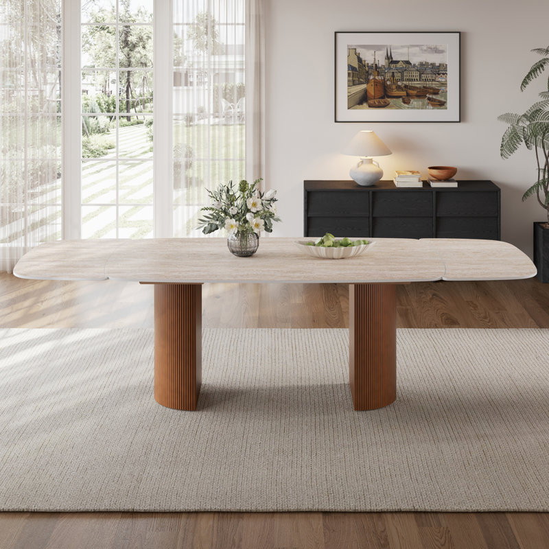 Table de salle à manger extensible 94,49 po en pierre agglomérée pour 10 sièges, table de salle à manger extensible rectangulaire avec base en bois massif, table de salle à manger extensible moderne