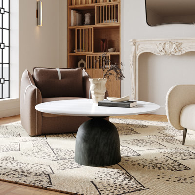 Meranda Round Sintered Stone Coffee Table With Black Solid Wood Pedestal For Living Room