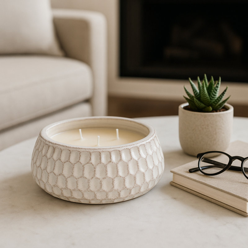 Decorative Bowl French Cade & Lavander Scented Candle for Living Room Decor - Modern Soy Candle for Bookshelf, Coffee Table, or Bedroom - 9.5", White