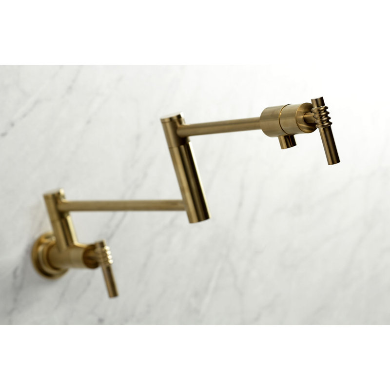 Kingston Brass Manhattan Two-Handle 1-Hole Wall Mount Pot Filler Faucet, Brushed Brass, Lever Curly
