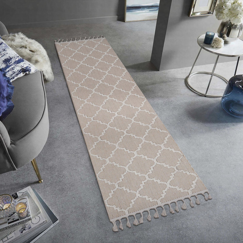 Runner Rug Synthetic Fiber Stain Resistant Non-Shedding Trellis Ivory Medium 2' x 8', Ivory, Runner 2'2" x 8'