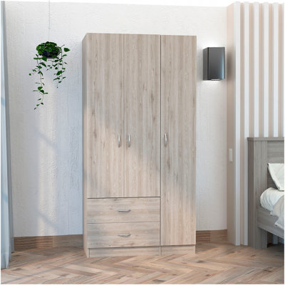 Austral 3 Door Armoire With Two Drawers, Shelves, And Hanging Rod - Light Grey