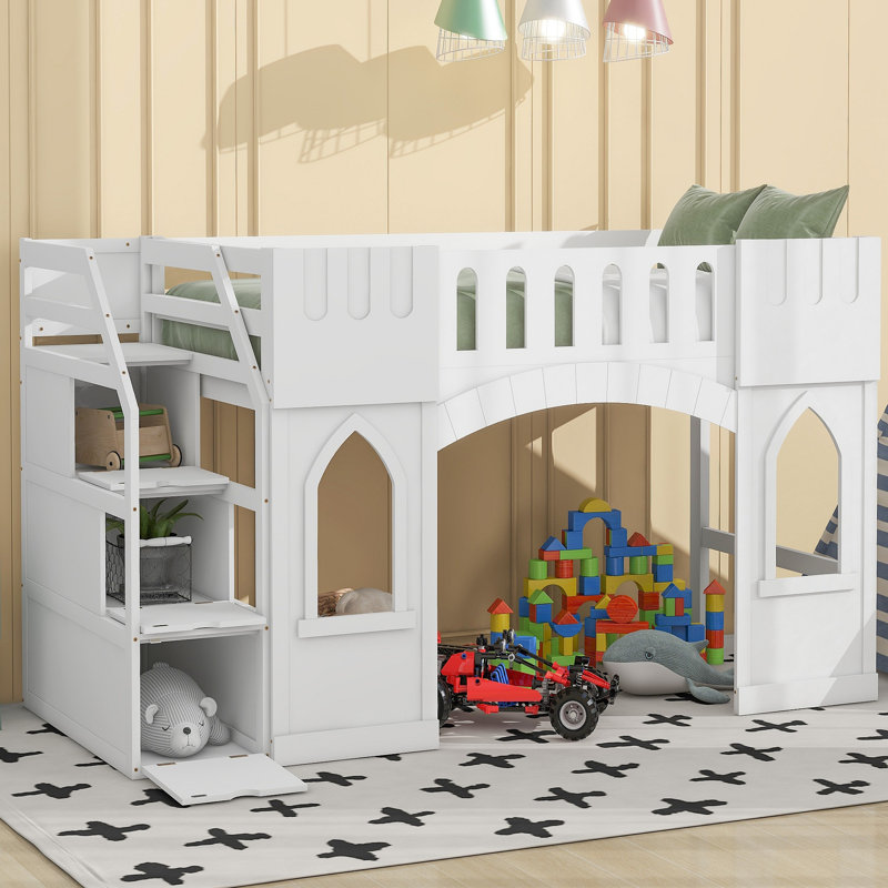 Lit mezzanine avec escalier de rangement et fenêtre, Blanc
