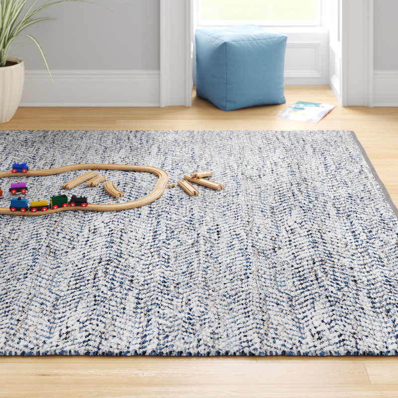Tapis bleu / ivoire en laine et coton tissé à plat à la main Treece, Rond 8 pi