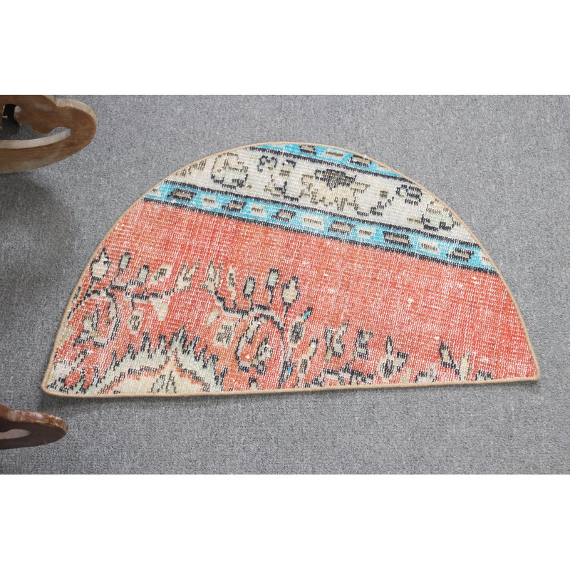 Small Round Vintage Turkish Rug Ideal for Red Kitchen Use Featuring Intricate Tribal Design
