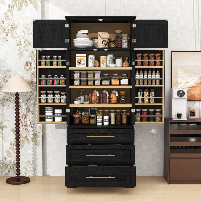 Grand garde-manger avec tablettes réglables, 8 supports de porte et 3 tiroirs, Noir cendré