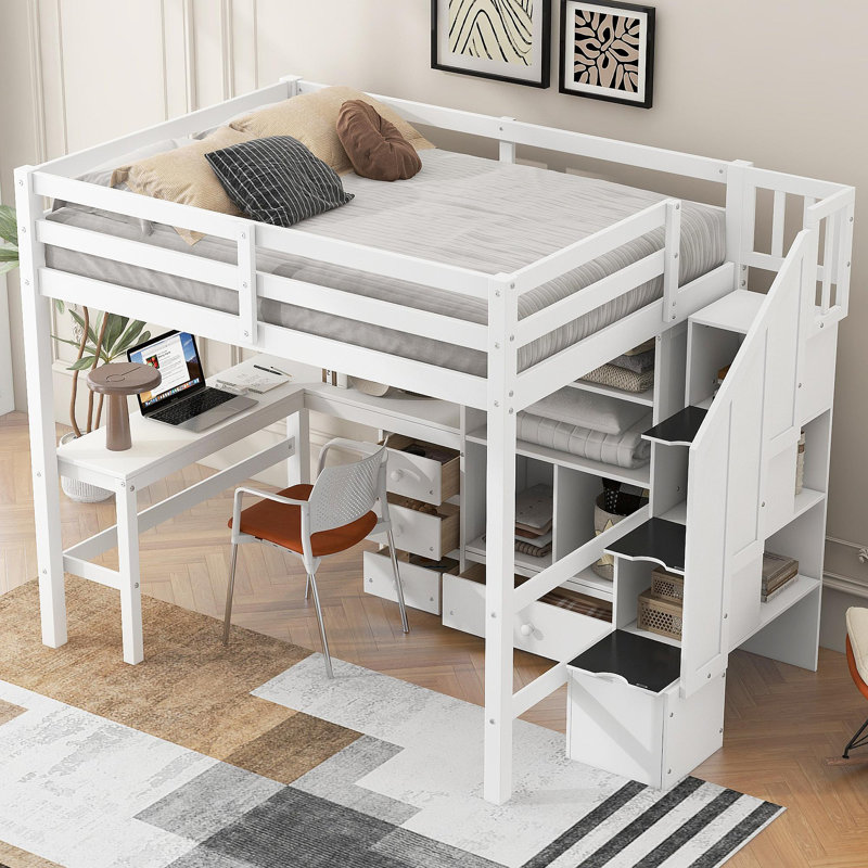Lit mezzanine double avec bureau en L et tiroirs, armoire et escalier de rangement