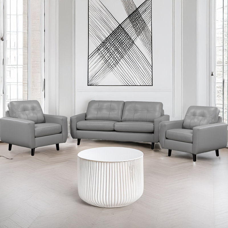 Ensemble de canapé et deux chaises en cuir Tiena, gris