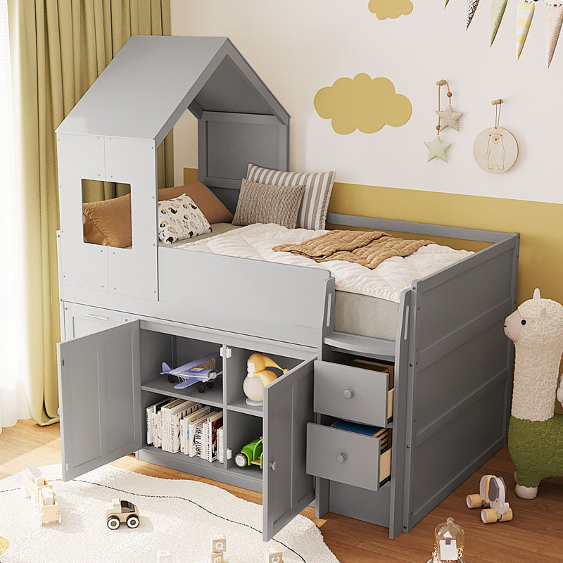 Lit mezzanine simple en bois avec bureau, tiroirs et armoires - solution d'économie d'espace pour les enfants, Gris