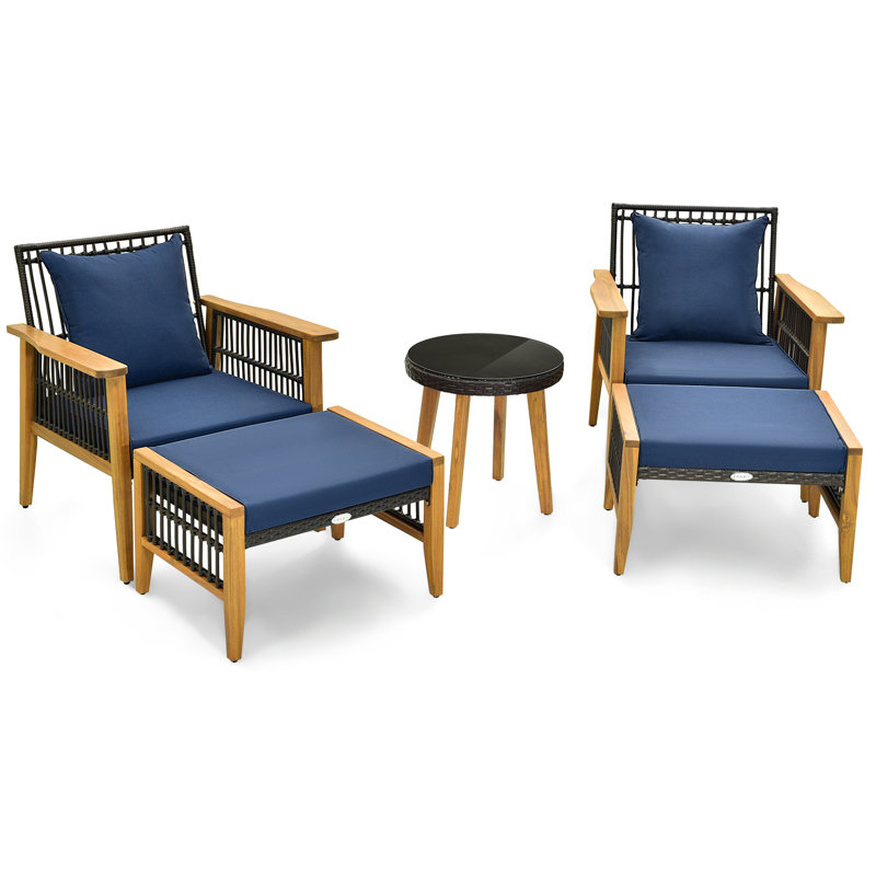Ensemble de meubles d'extérieur 5 pièces avec chaises en osier, table basse et 2 repose-pieds