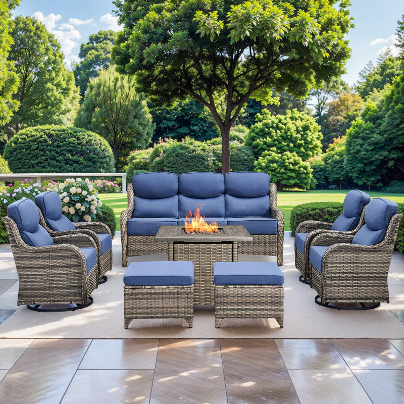 High Back Outdoor Furniture With 6-Inch Extra Thick Cushions, Patio Furniture Set With Fire Pit Table & Swivel Chairs, 8PCS Wicker Conversation Set For Yard, Deck, Poolside