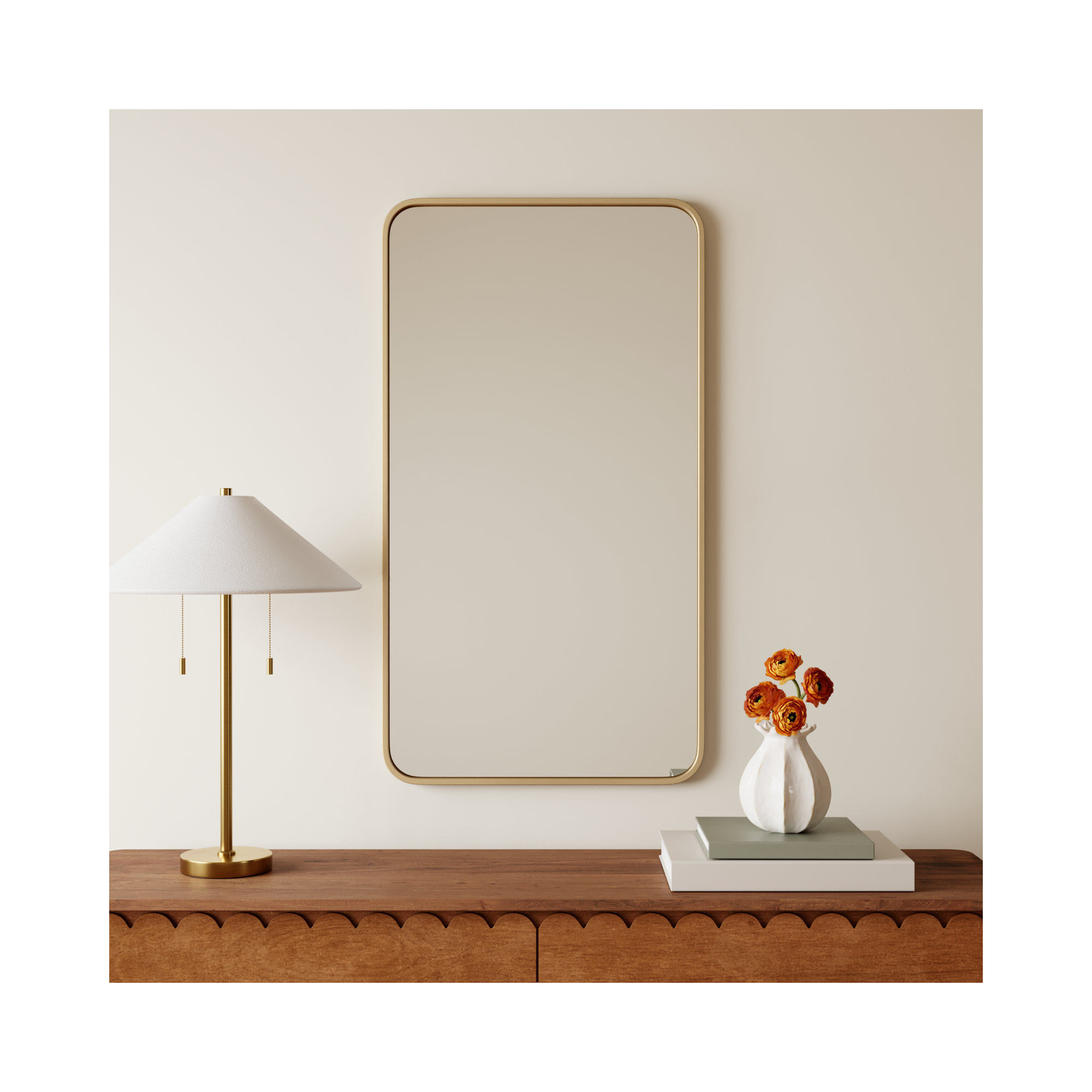 Sabine Metal Rounded Rectangle Wall Mirror, 40'' H x 22'' W, Brass