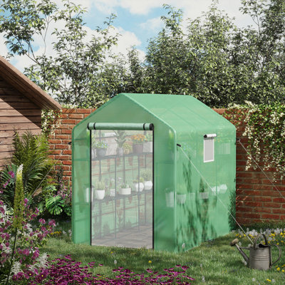 Maison de plain-pied de 7 pi x 5 pi x 6 pi avec porte grillagée et fenêtres, serre chaude à 18 tablettes avec treillis, étiquettes de plantes et protection contre les rayons UV pour faire pousser des fleurs, des herbes, des légumes et des jeunes arbres - Vert