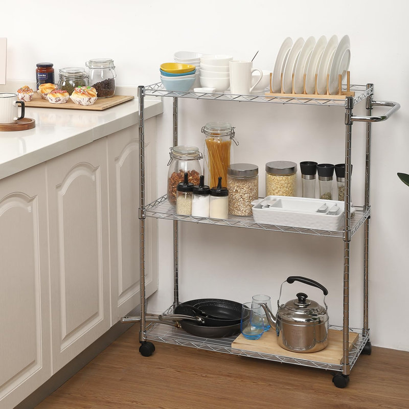 3-Tier Adjustable Kitchen Rolling Carts On Wheel, Commercial Grade Metal Service Cart, Steel Heavy Duty Utility Cart