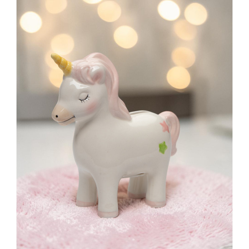 Small Unicorn Money Bank - 5 1/4"H, Pink/White