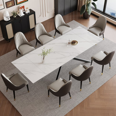 Ensemble de salle à manger à rallonge rectangulaire en pierre frittée avec 8 chaises en cuir 9 pièces Vetler