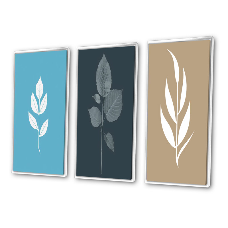 " Minimal Botanicals Single Leaf On Beige " 3 - Pieces, White Floater Framed, 28" H x 36" W