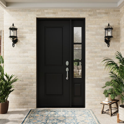 Entry Front Exterior Fiberglass Door 32" x 80" Painted Black 2-Panel Prehung Door Fixed Single Sidelite Black 3-Lite Clear Glass Door With Jamb, Left-Hand Inswing (Not Included Hardware Kit)