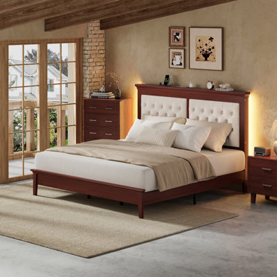 Vintage Style Upholstered Mid-Century Solid Wood Bed Frame with Built-in Charging Station & RGB LED Headboard, King, Reddish Brown