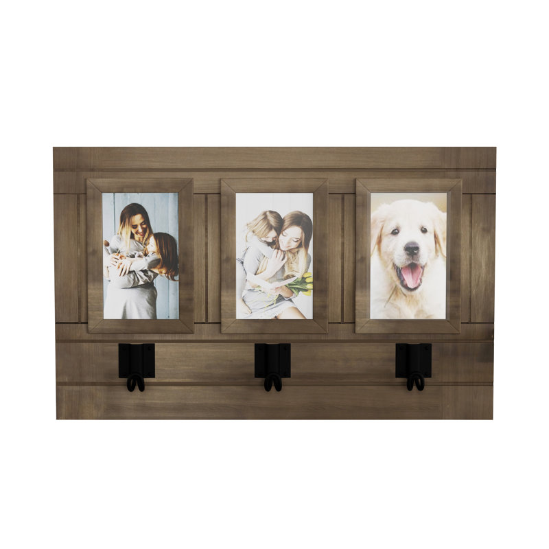 Delyth Wall Picture Collage with 3 Hanging Hooks- Wall Mounted Photo Frame Décor with Rustic Wood Look, Holds 4x6 Pictures