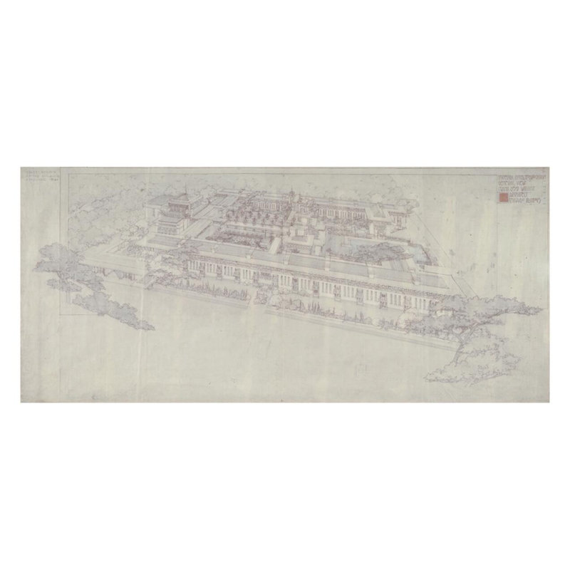 «Imperial Hotel General View» par Frank Lloyd Wright - Estampe numérique, H 22 po x l 28 po
