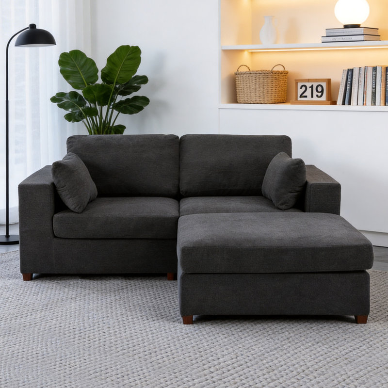 2- Piece Upholstered Corner Loveseat Sofa Couch With 1 Ottoman, Grey Chenille