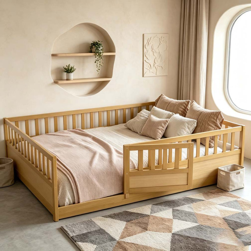 Lit de plancher, structure de lit plateforme en bois à profil bas, aucun sommier tapissier requis, Lit double