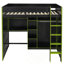 Lit mezzanine double en bois avec bureau, garde-robe ouverte, compartiments de rangement et lumières RVB, vert-6920813