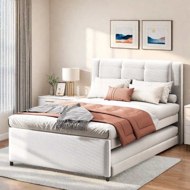 Upholstery Platform Bed With Multifunctional Trundle, Beige
