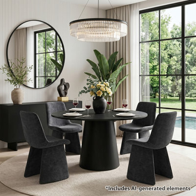 Black Round Dining Set for 4 with Pedestal Table and Upholstered Side Chairs