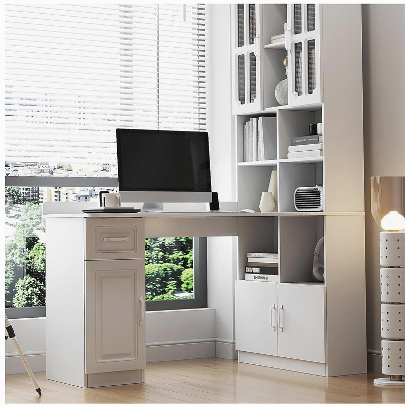 Bureau d'ordinateur d'angle en L pour bureau à domicile ou bureau d'étude, table d'étude de style moderne avec tiroirs, bibliothèque et huche, conception en L 2 en 1, grand espace de travail, blanc