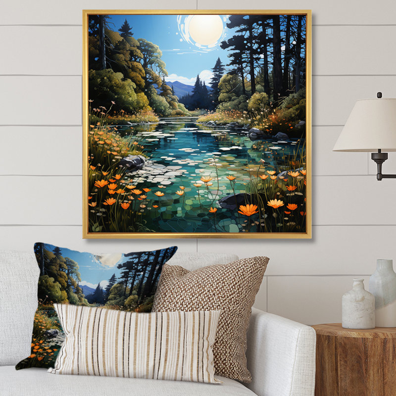 River Azure Miroirs II - impression, H 30 po x l 30 po x P 1 po, Cadre flottant doré