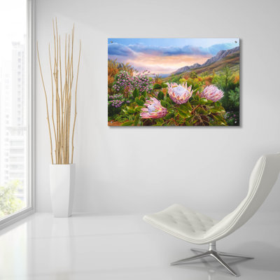  «Pink Proteas» par Delene Lambert, art mural en verre acrylique, 36 po x 24 po