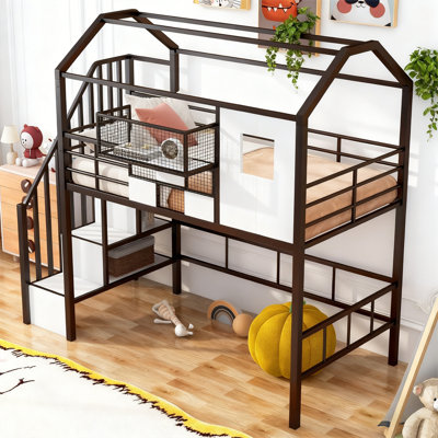 Lit mezzanine simple en métal avec toit en forme de maison, échelle intégrée, barrières de sécurité complètes et coffre de rangement, lit mezzanine pour enfants peu encombrant