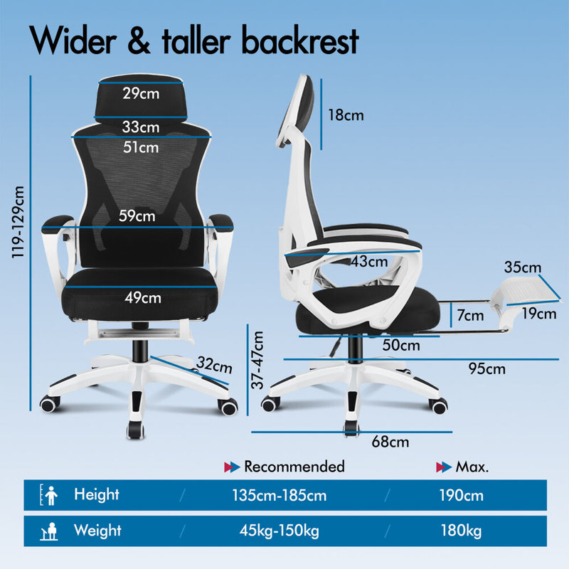 Office Chair with Headrest, Black, White