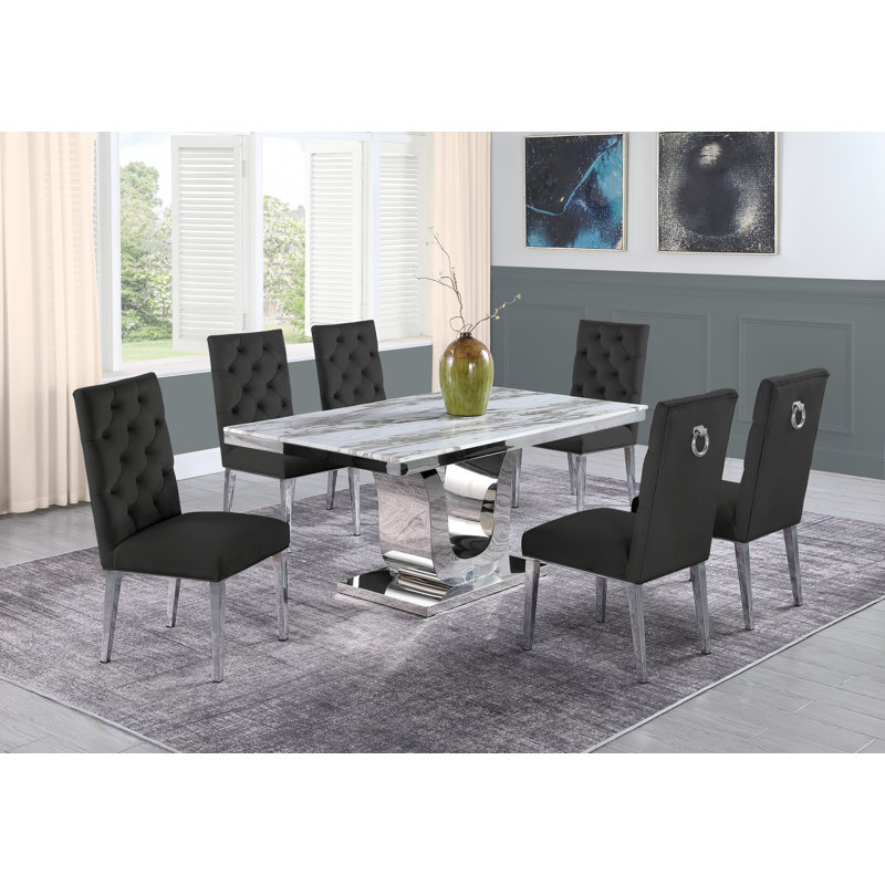 Mcnamara Pedestal Dining Set, Black/Silver, 7, White/Silver