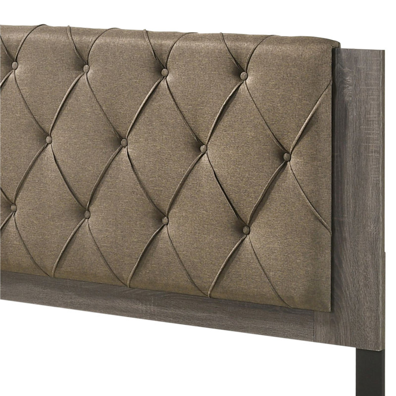 Lit tête de lit capitonné en tissu de style chêne gris rustique, structure en bois, pieds fuselés, 4 lattes, pièce indispensable pour le sommier, capacité de charge de 660 lb, espace libre au sol de 4 po, profondeur de 79 po,