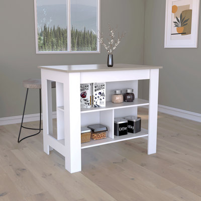 Îlot de cuisine, table de cuisine H 35 po, trois tablettes de rangement ouvertes, quatre pieds