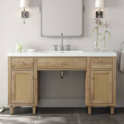 Meuble-lavabo de 60 po avec lavabo SMC, armoire de rangement spacieuse moderne avec tiroirs à fermeture en douceur et plateau basculant, pieds en bois massif et poignées en métal argenté