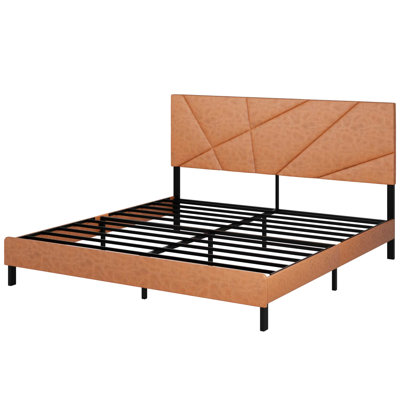 King Size Metal Platform Bed Frame, Vintage Brown, Upholstered With Headboard, Under - Storage, No Spring Loaded Mattress, Structure For Bedroom Antique Brown Easy Assembly In